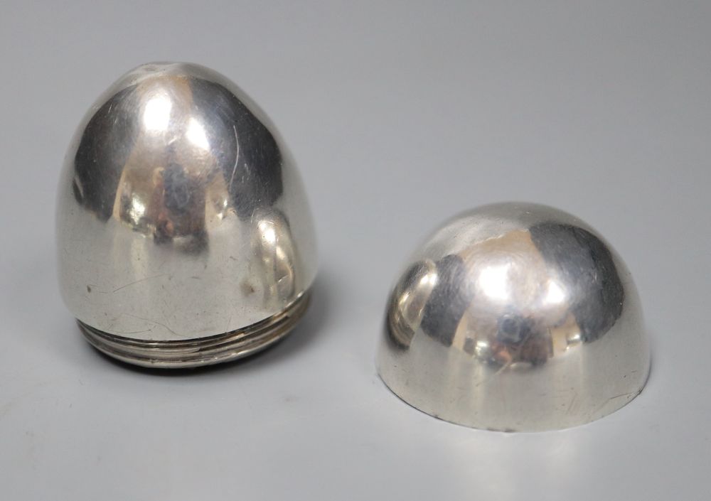 A George III silver egg shaped nutmeg grater, Thomas Wilmore, Birmingham, 1798, 44mm.
